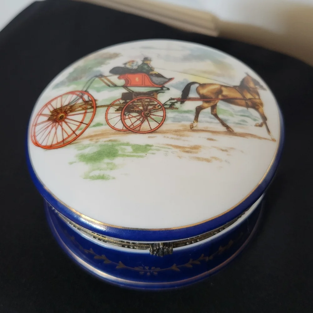 Vintage Imperial Porcelain  Trinket / Jewelry Box w/ Horse & Carriage